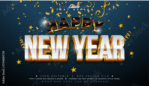 Happy New Year Editable Text Effect Design Vector Graphic Style with Gold Framed 3D Bold Typography Lettering and Falling Confetti on Dark Background. Christmas Holiday Illustration Template