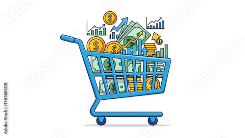 Shopping cart overflowing with money coins and financial charts