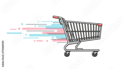 Shopping cart with motion lines on a white background
