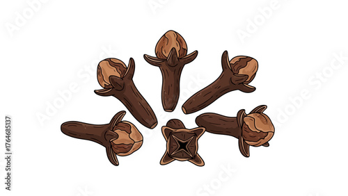 Six cloves arranged in a scattered pattern on a white background