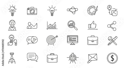 Collection of Hand-Drawn Business and Technology Icons in Black Outline Style.