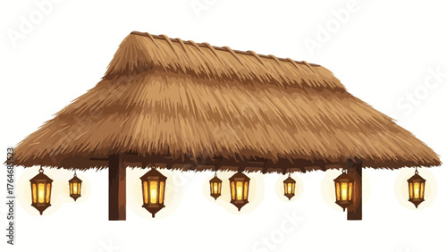 Thatched roof structure with hanging lanterns
