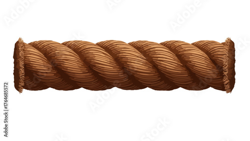 Thick twisted brown rope with frayed ends on a white background