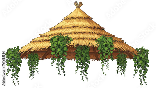 Thatched roof structure adorned with hanging green vines
