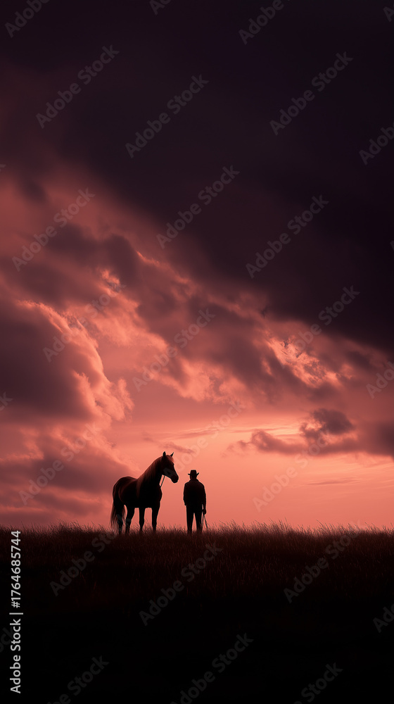 Fototapeta premium Silhouette of man with horse standing under dramatic sunset sky