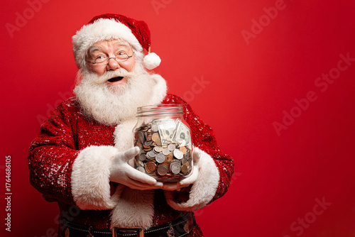 Santa Claus in classic red suit holds large glass jar filled with coins and banknotes during festive Christmas celebration for bank promotions financial planning advertising marketing campaigns