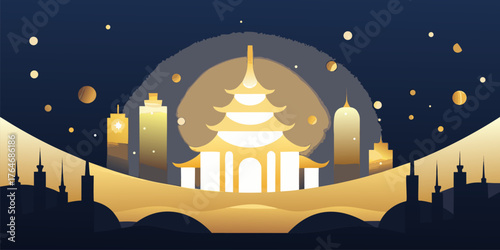 Golden Asian pagoda and city skyline at night temple