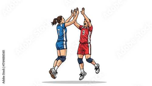 Two volleyball players in uniform celebrating with a high five