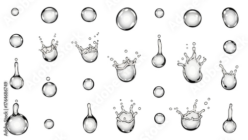 Water droplets and splashes in various stages of formation and impact