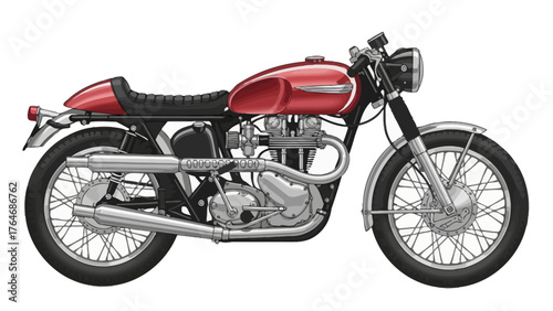 Vintage red motorcycle classic design detailed engine spoked wheels on white background