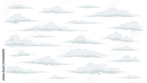 White and gray cartoonstyle clouds scattered across a white background