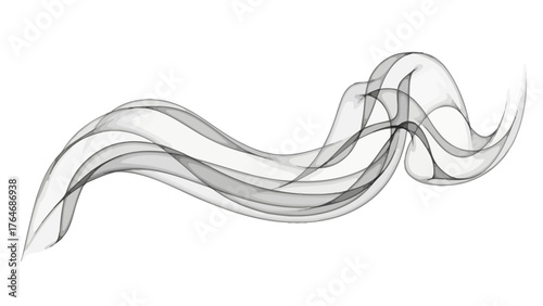 Wispy grey smoke gracefully swirling across a white background