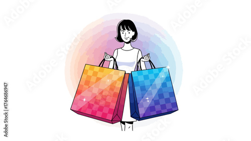 Woman holding shopping bags in front of a colorful watercolor background