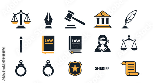 Collection of Law and Justice Icons Depicting Scales, Books, and Symbols.