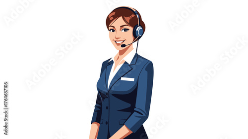 Woman in a blue suit with a headset and microphone
