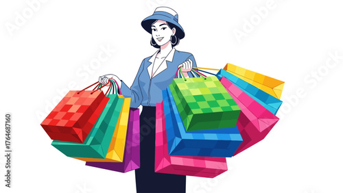 Woman in a hat holding many colorful shopping bags