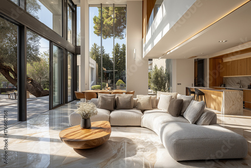 Interior de sala de estar com linda arquitetura, um pé direito duplo, incrível design de interiores, decoração moderna, renderização 3D, ilustração 3D