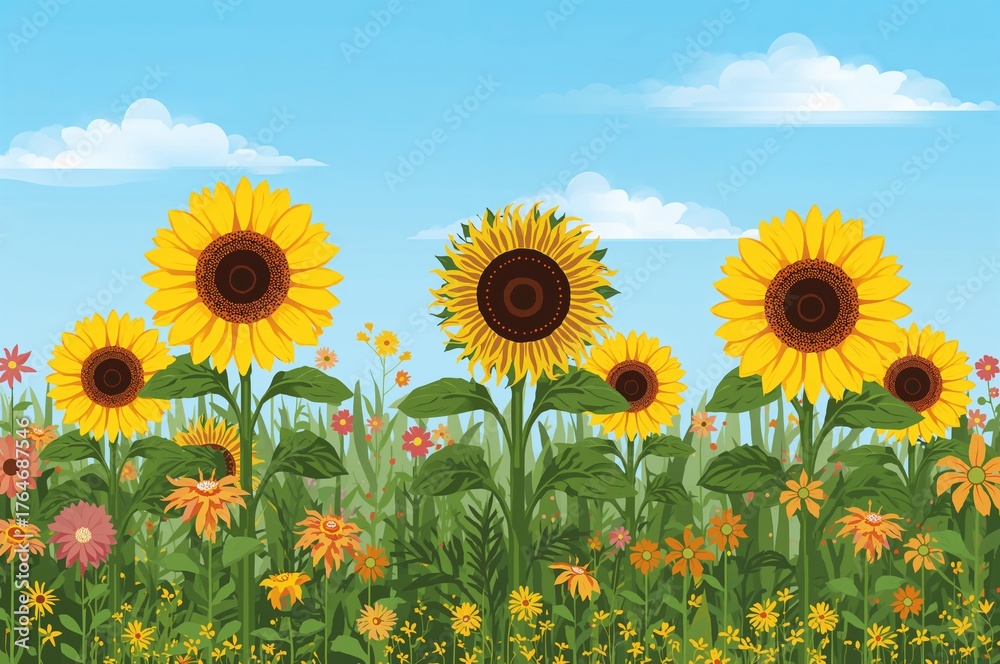 Obraz premium Bright sunflowers bloom in the garden