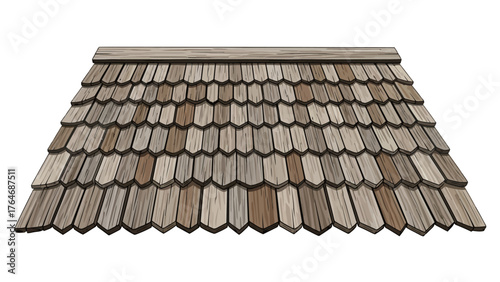 Wooden shingles cover a sloped roof with a wooden trim
