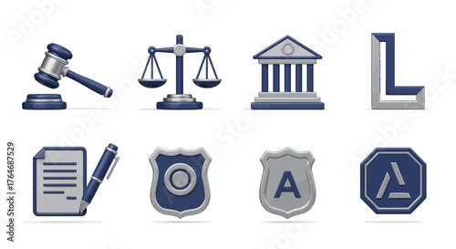Collection of Legal and Justice Icons - Gavel, Scales, Courthouse, Document, Badge.