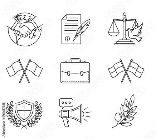 Collection of Line Art Icons Representing Justice, Law, and Global Agreements.