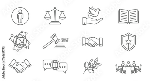 Collection of Line Art Icons Representing Justice, Peace, Law, and Global Concepts.