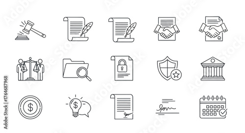 Collection of Line Art Legal and Business Icons Representing Various Concepts.
