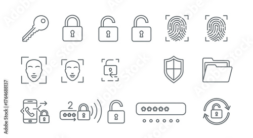 Collection of Line Art Security Icons Depicting Digital Access and Protection.