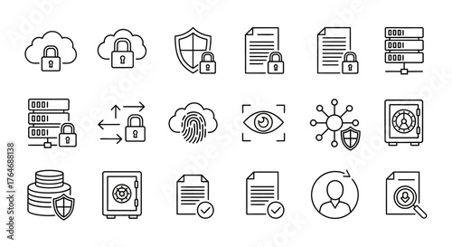 Collection of Line Art Security Icons Depicting Data Protection and Privacy.