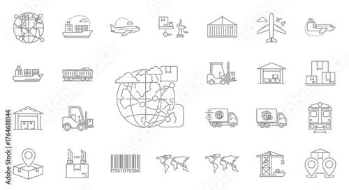 Collection of Line Art Logistics and Transportation Icons, Global Shipping Concepts.