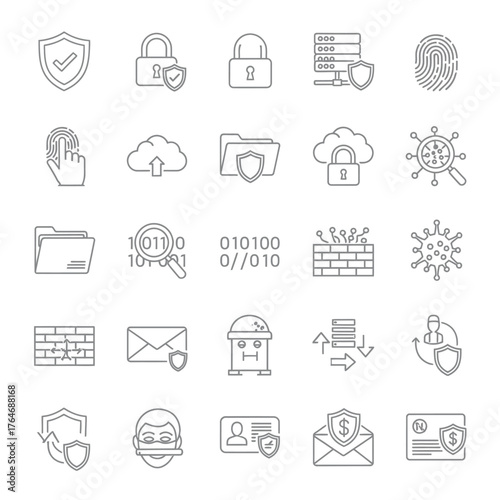 Collection of Line Art Security Icons Depicting Digital Protection and Safety.