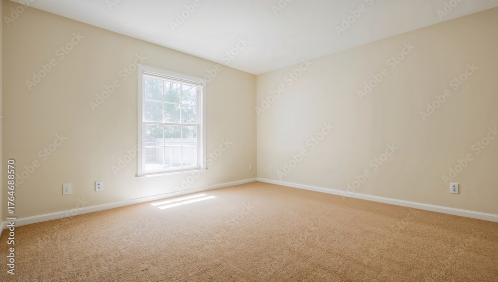 Obraz premium Spacious vacant area featuring a single window, light brown carpeting, and off-white walls