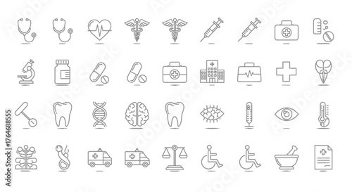 Collection of Medical Icons in Linear Style Representing Healthcare and Medicine.