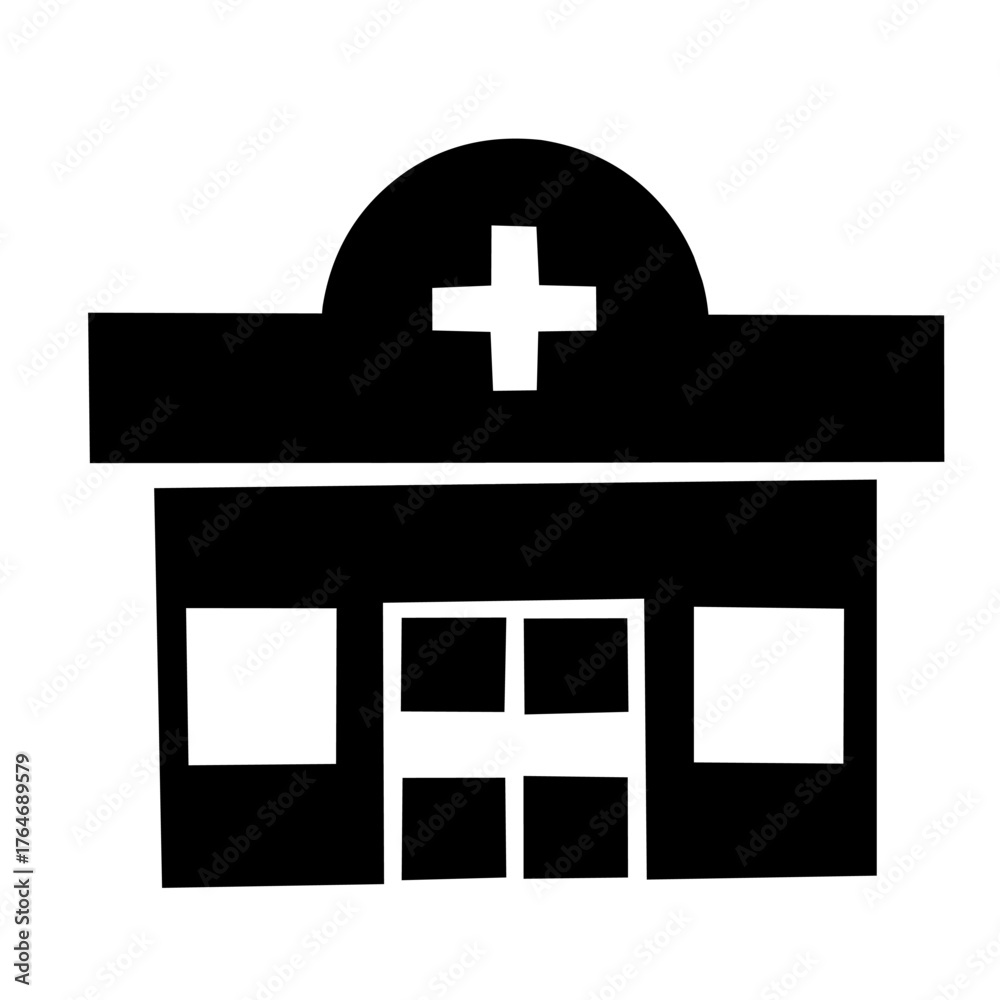Fototapeta premium A black silhouette icon of a hospital or clinic building with a cross symbol on the roof, representing medical facilities, healthcare services, emergency care, treatment, and public health.