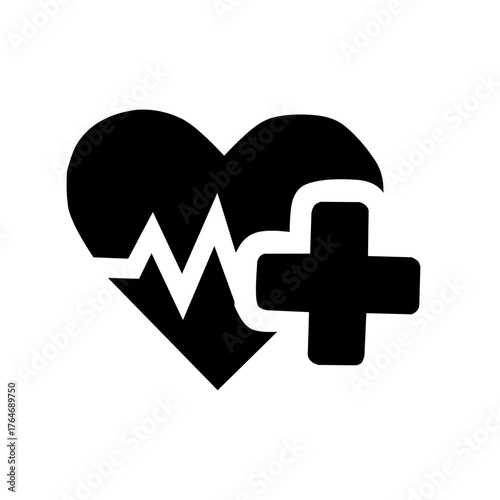 A medical icon featuring a heart with an EKG line and a cross symbol, representing health insurance, first aid, medical services, heart health, life support, and overall wellness care.