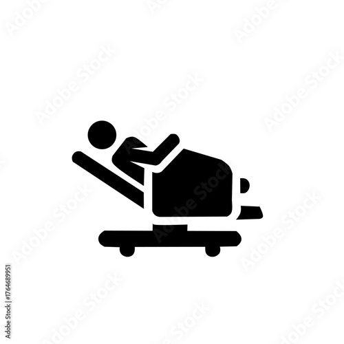 Black and white medical icon showing a patient lying in a hospital bed or gurney, covered by a blanket, symbolizing illness, treatment, healthcare, recovery, and medical procedures.