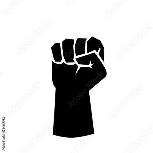 A stark black and white image of a tightly clenched fist raised upwards, symbolizing power, unity, resistance, and solidarity, often used in activism and social justice movements.