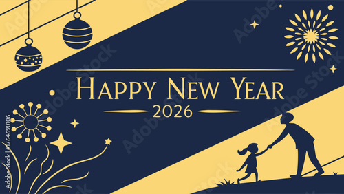 Charming celebration of New Year 2026 with family, fireworks, and festive decorations, perfect for greeting cards, invitations, and banners