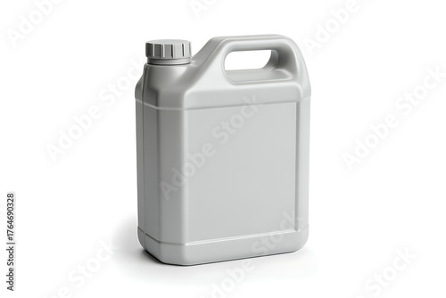 A grey plastic jerrycan or canister with a handle and cap isolated on white background