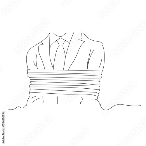 man with body tied with rope. line art
