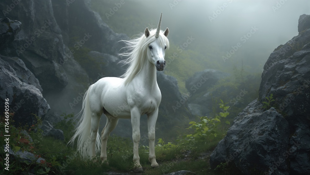Naklejka premium White mystical unicorn standing among stones
