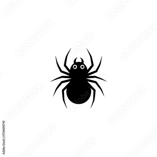 Cute cartoon black spider with prominent white eyes and eight splayed legs.