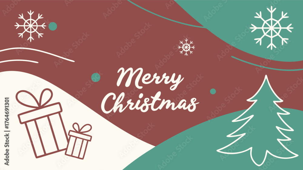 Fototapeta premium Festive Merry Christmas greeting with elegant snowflakes, gift boxes, and a stylized tree creates joyful holiday cheer