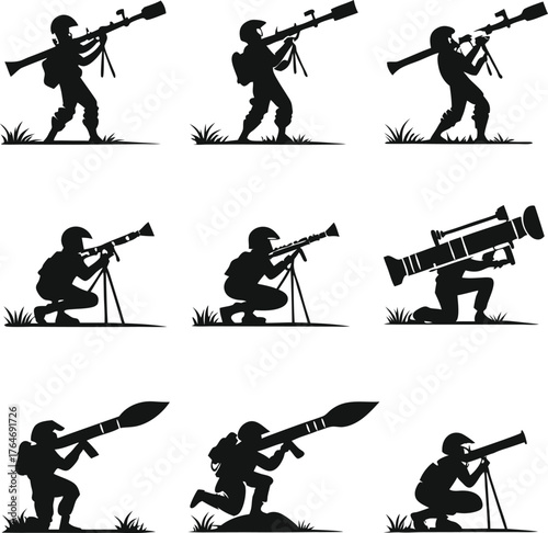 Dynamic soldier silhouettes aiming rocket launchers in combat ready stances, powerful action poses