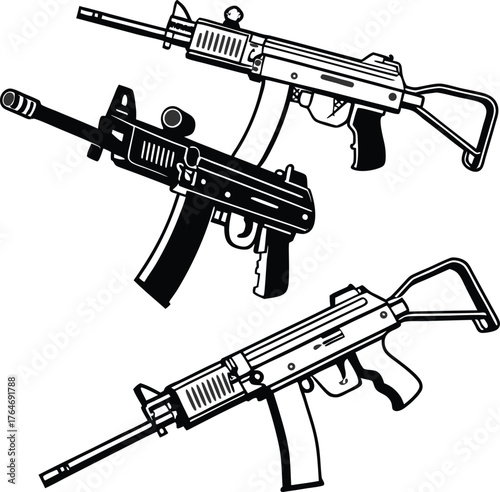 Powerful automatic firearms collection showcasing distinct designs for military, law enforcement, and security applications