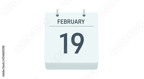 February 19th calendar depiction, a simple flat design for date keeping concept, on white background, reminder schedule and time management tool