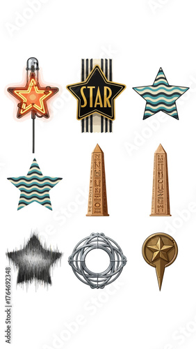A set of stars, stars collection, star vector icons vector art of compilation of nine distinct starthemed elements, including neon signs, obelisks, abstract forms, and decorative pins