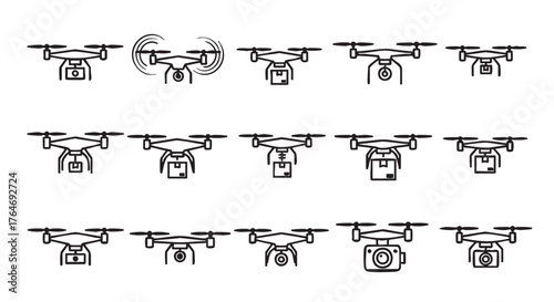 Collection of drone icons in various configurations on white background