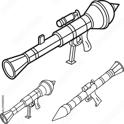 Powerful rocket launchers and bazookas depicted in a clean, modern line art style for dynamic military or gaming visuals.