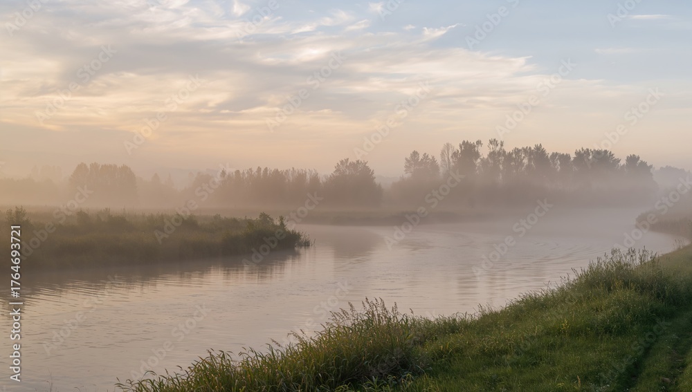 Obraz premium Peaceful Summer Scenery with Calm Streams and Misty Skies